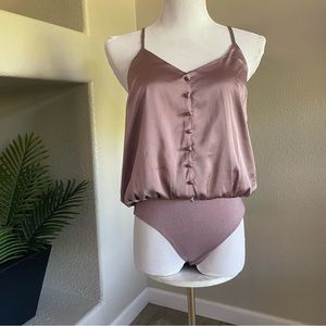 Satin Mauve Faux Button down Bodysuit Blouse